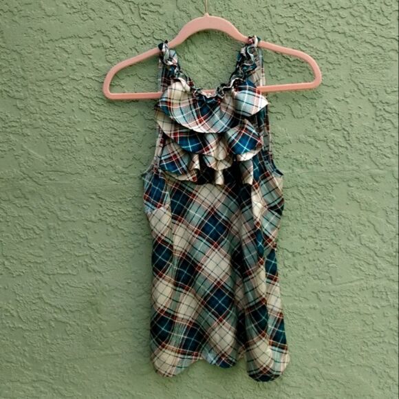 EUC ESSENTIALS BY MILANO Green/White/Red Plaid Ruffled Sleeveless High Neck Top - Picture 1 of 9